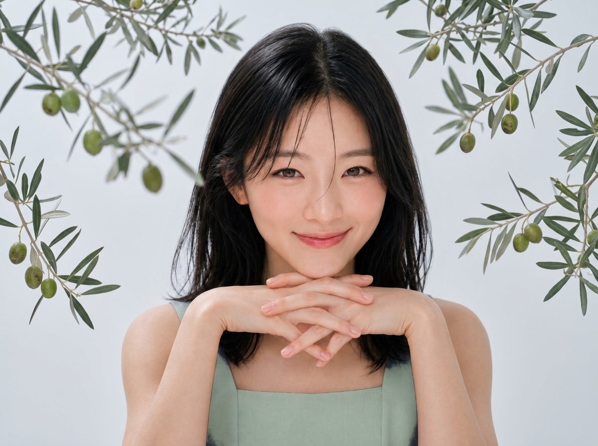 올리브 가지 사이로 두 손을 모아 턱을 괸 여성